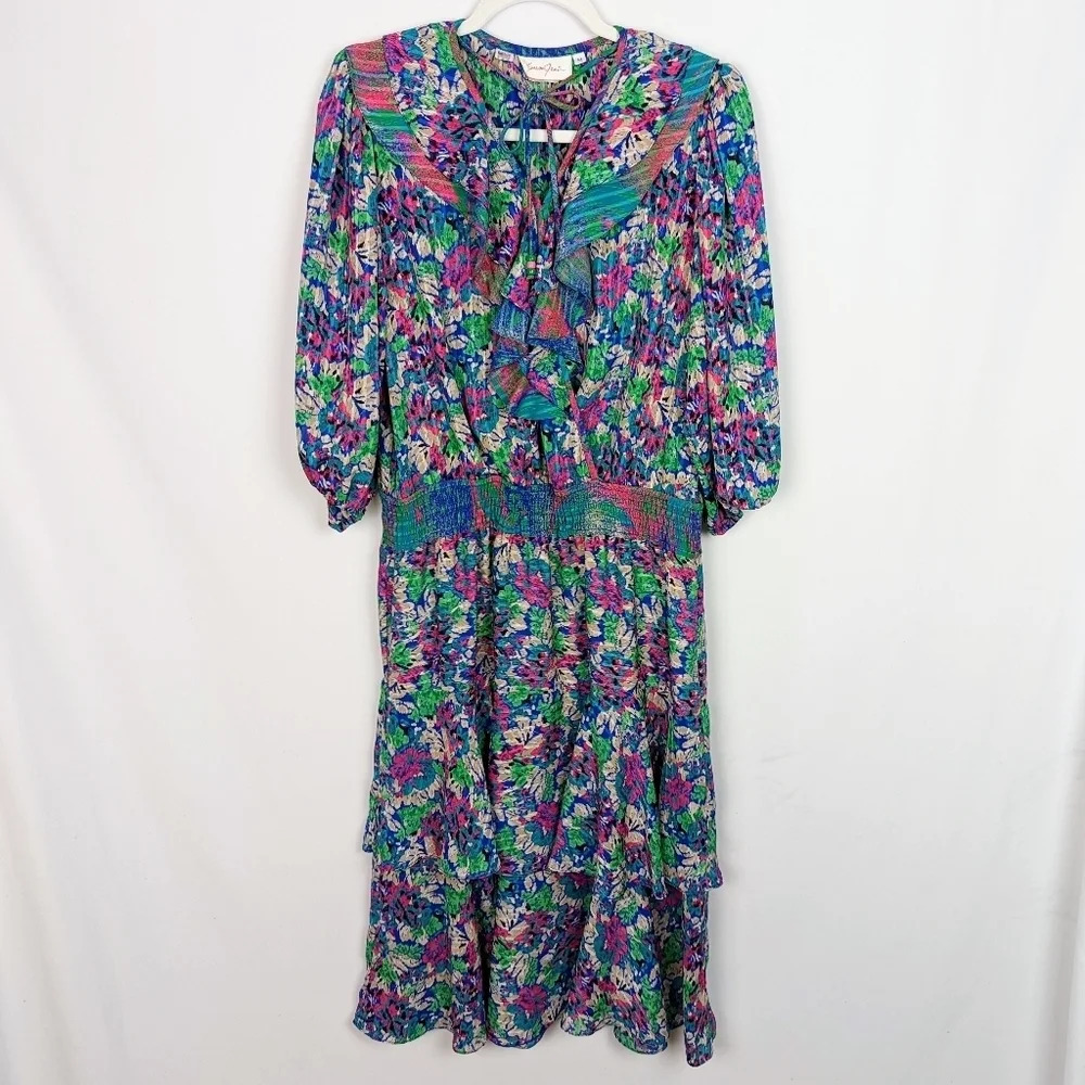 Vintage 1980s Susan Freis Georgette Dress Bright Multicolor Ruffle Tie-Neck Midi